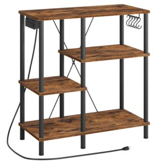 bakers rack with power outlet, microwave stand with 5 s-shaped hooks, coffee bar, kitchen storage shelf, for kitchen, living room, rustic brown and black