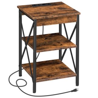 End Table with Charging Station and USB Ports, 3-Tier Side Table, Industrial Nightstand with X-Shaped Iron Frame, Sturdy and Stable, for Living Room, Bedroom, Rustic Brown
