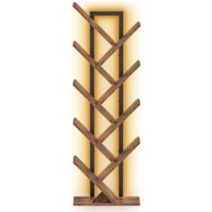Rustic Brown Tree Bookshelf, Industrial 9-Tier Bookcase with LED Lights, Space-Saving Book Shelf, Holds Books, CDs, Games, Freestanding Bookcase for Office, Living Room, Bedroom
