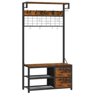 Hall Tree med bænk, 31.5" Frakke stativ med skoopbevaring, 2 Stofskuffer, Indgangsbænk med frakkestativ, Frakke og sko rack til indgang, 9 S-formede kroge, Rustik brun og sort