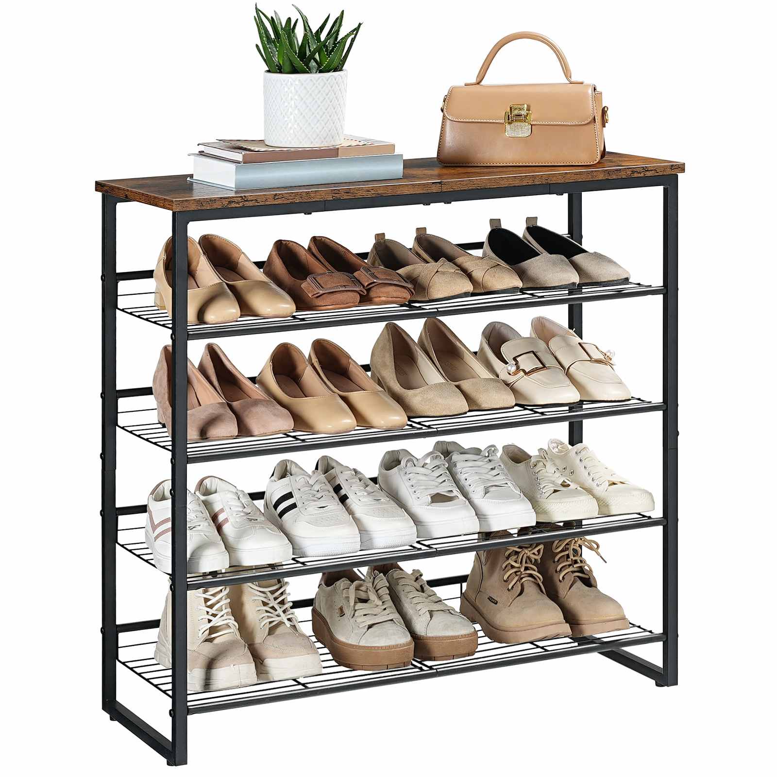 5-Tier Adjustable Shoe Rack, Multi-Position Storage Organizer with Flat/Slanted Shelves, يحمل 16-20 أزواج, Durable Particleboard & Iron Construction for Entryway & خزانة, ريفي براون & أسود