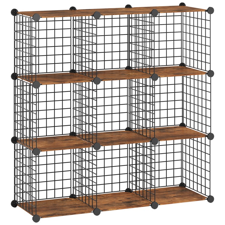 Cube Storage Organizer, Wire Cube Storage, 9-Cube Metal Grid Storage Shelf, Modular Cabinet, DIY Cube Bookshelf, for Living Room, Bedroom, Study, Rustic Brown and Black