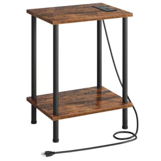 mesa lateral com estação de carregamento, Tabela final com portas e saída USB, mesa de cabeceira com prateleiras de armazenamento de duas camadas para pequenos espaços, sala de estar, quarto, quadro estável, marrom rústico
