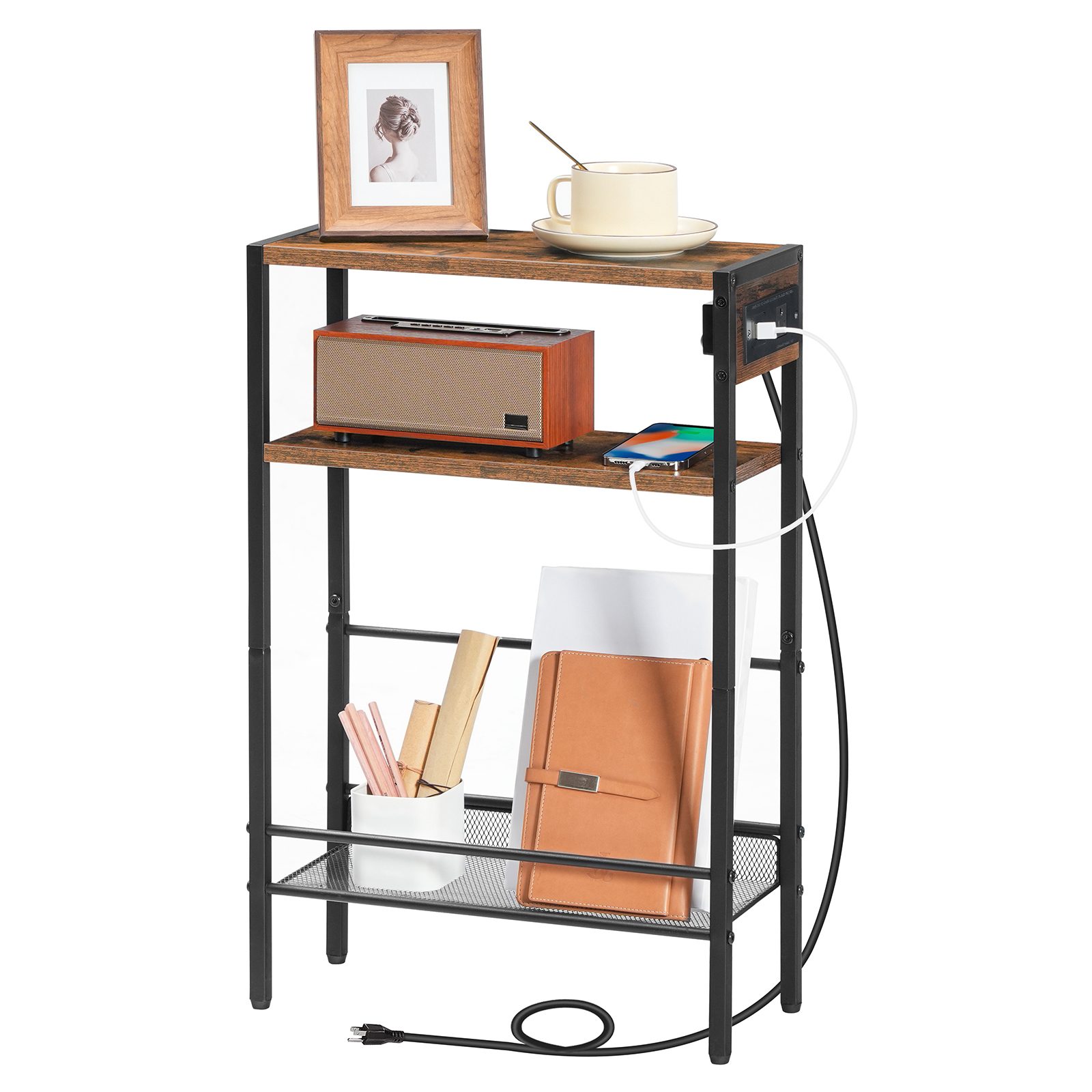 Slim Narrow Side Table with Integrated Charging Module, Space-Saving End Table with USB Ports & إبريز كهربائي, Multi-Functional Storage Shelf for Small Spaces, ريفي براون & لمسة نهائية سوداء