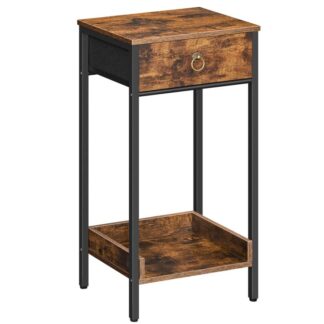 Конечный стол с хранением и ящиком для ткани, Промышленная тумбочка, 23.6 Приставной столик высотой в дюйм, Прикроватная тумбочка для гостиной спальни, Деревенский коричневый и черный