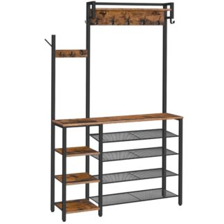 Hall træ med bænk og sko opbevaring, Indgangsbænk med frakkestativ, Sko og frakkeholder til indgang, Frakkeholder med skoopbevaring og reversible opbevaringshylder, Rustik brun