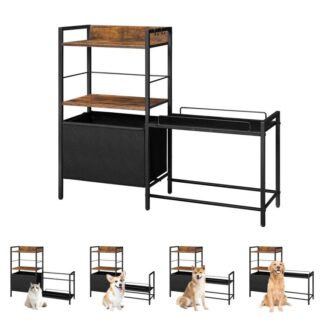 Повышенная собачья чаша с хранением, Приподнятая подставка для корма для собак с корзиной для игрушек и полками, Кормовая станция с 4 Регулируемая высота, для маленькой/средней/большой собаки, Черный и деревенский коричневый