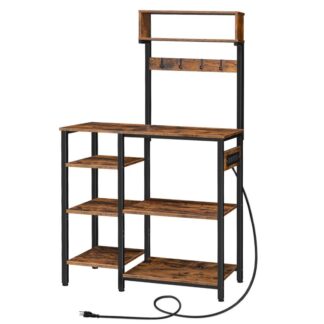 bakers rack with power outlet, 35.4 inches microwave stand with 4 hooks, 6 tiers kitchen storage shelf rack, coffee bar table, rustic brown and black