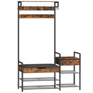 Hall Tree med bænk, Sko og frakkeholder til indgang, Frakke stativ med bænk, Vend top opbevaringsboks, PU -dæmpet sæde, Ikke-vævet stofskuffe, til Indgang, Rustik brun og sort