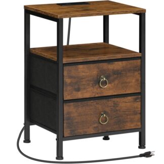 طاولة جانبية مع محطة شحن, طاولة بجانب السرير مع 2 منافذ USB ومنفذها, نهاية الجدول مع 2 أدراج القماش, طاولة جانبية للأريكة, منضدة للمساحات الصغيرة, ريفي البني والأسود