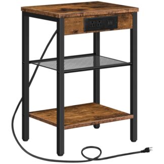 TABELLO END con stazione di ricarica e porte USB, 3-comodino di livello con scaffale regolabile, tavolino stretto per piccolo spazio in soggiorno, camera da letto e balcone, marrone rustico