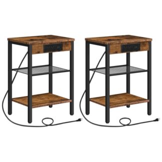 مجموعة طاولة نهاية 2 مع محطة شحن ومنافذ USB, 3-منضدة الطبقة مع رف قابل للتعديل, طاولة جانبية ضيقة للمساحة الصغيرة في غرفة المعيشة, غرفة نوم وشرفة, ريفي براون