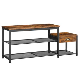 Schuhregalbank mit Schublade, Eltern-Kind-Eingangsbank, Schuhaufbewahrungs-Organizer mit Sitz, Industrieller Metallrahmen, für Flur, Foyer, Rustikalbraun und schwarz