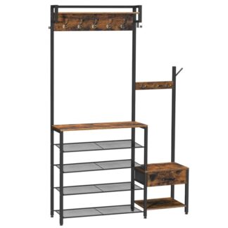 Hall Tree, entryway frakke rack sko bænk, Sko og frakkeholder til indgang, hall træ knagerække, med ikke-vævet stofskuffe, til indgang, foyer, rustik brun og sort