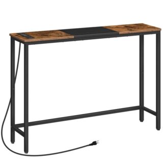 Narrow Console Table with Power Outlets, 44.9-Inch Sofa Table, Slim Behind Couch Table, Entryway Display Shelf, for Living Room, Foyer, Hallway, Rustic Brown and Black
