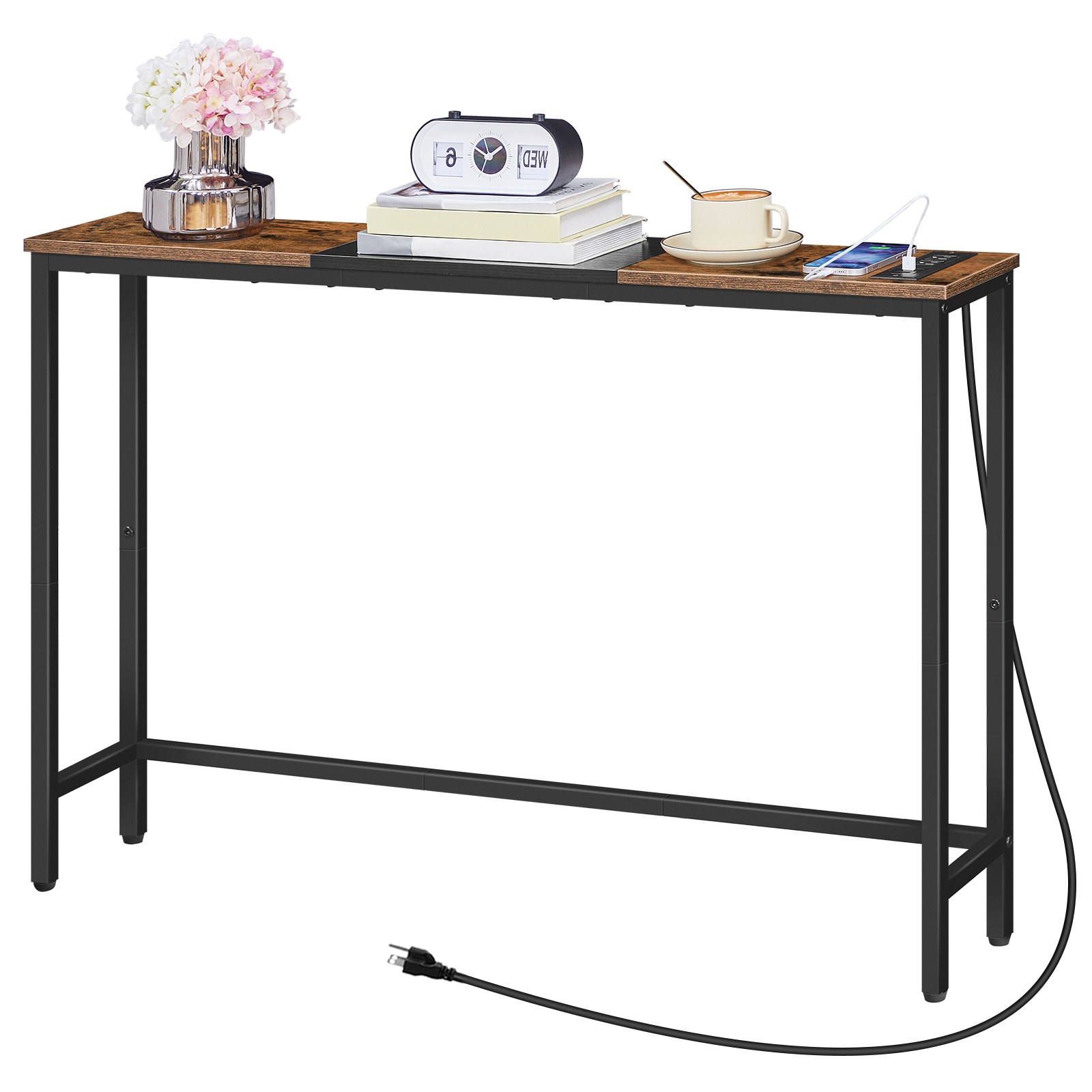 Wąski stolik konsolowy z gniazdkami elektrycznymi, 44.9-Stół sofy calowej, Szczupły za stolikiem na kanapie, Półka wyświetlacza wejściowa, do salonu, Foyer, Korytarz, Rustykalny brąz i czerń