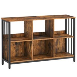 Rustic Brown and Black 6 Cube Storage Organizer with Shelf, Industrial Horizontal Bookshelf, Wooden and Metal Cubby Bookcase, Long shelving unit for Living Room, Bedroom, Home Office