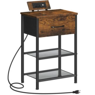 Nightstand with Charger Station, End Table with USB Ports & Outlets, Slim Bed Side Table with Fabric Drawer for Bedroom, Rustic Brown and Black