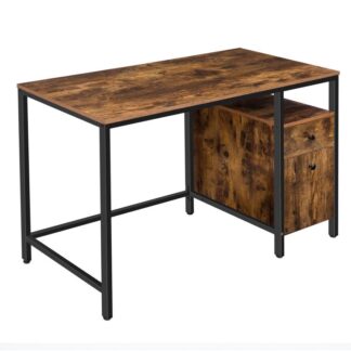 Office Computer Desk, Study Writing Table, Home Workstation with Drawer and Storage Cabinet, Vintage Style, Game Desk, Stable Metal Frame, Easy to Clean, Rustic Brown