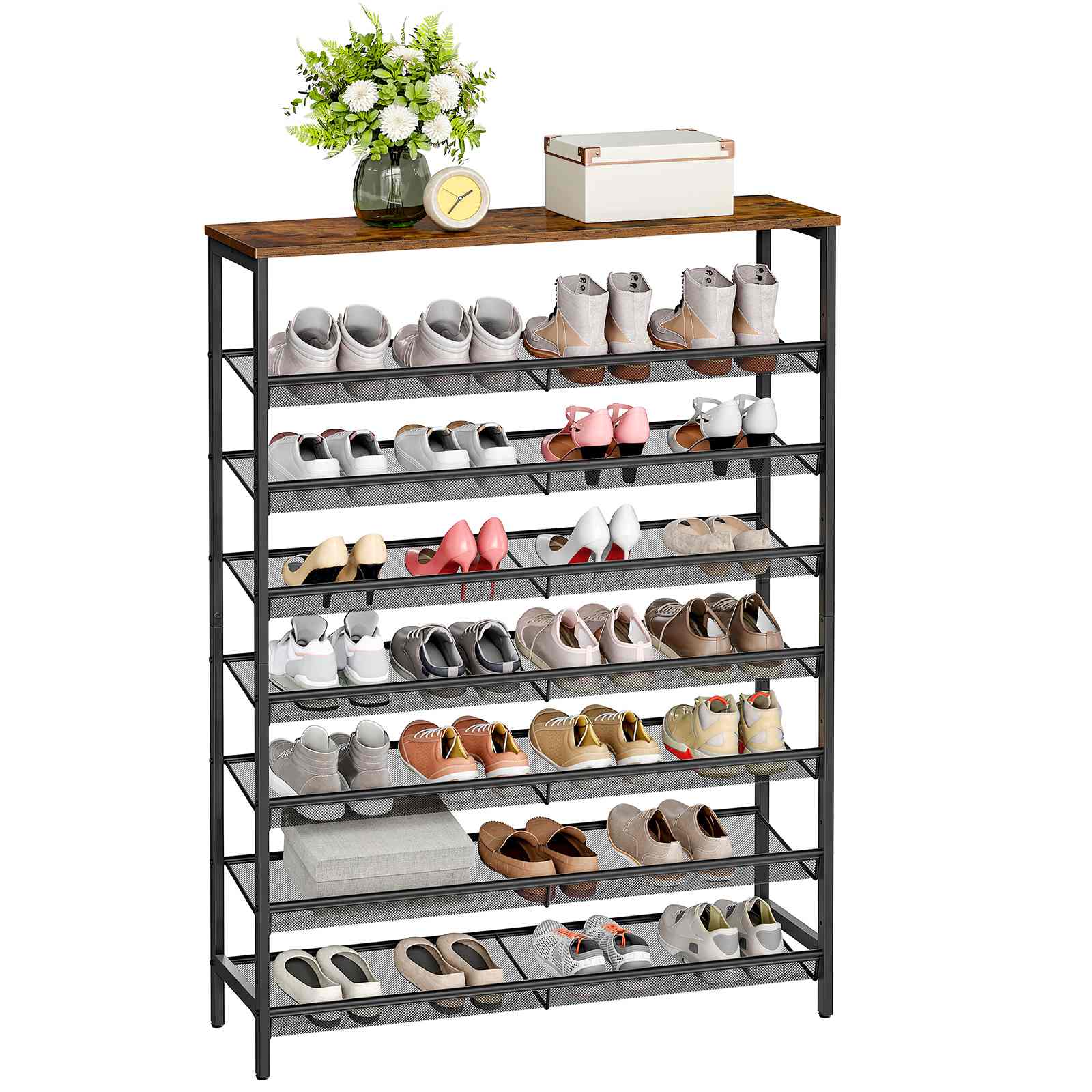 8-Tier Large-Capacity Shoe Rack, Stable Metal Storage Organizer with Adjustable Flat & Slant Shelves, Accommodates 28-35 Pairs, Space-Saving Design
