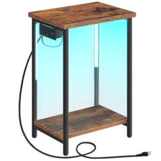 Sidebord med ladestasjon og LED -lys, Sluttbord med 2-lags lagringshyller, Liten nattstand, for små rom, Stue, Soverom, Rustikk brun og svart