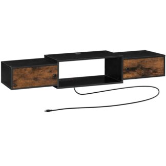 floating tv stand with power outlet 55", Сучасна шафа для полиці консолі для стіни для зберігання під телебачення, розважальний центр, вітальня, спальня, сільський коричневий і чорний
