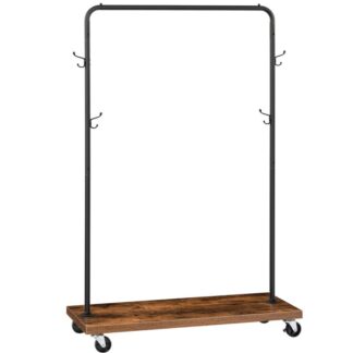 رف الملابس, رف الملابس المتداول مع عجلات قفل, منظم الملابس الثقيلة, 4 خطافات, رف التخزين الخشبي, لتعليق الملابس, بني ريفي أسود