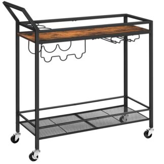 bar vogn til hjemmet, 2-Tier køkkenvogn med vinstativ og glasholder, Serveringsvogn med hjul og beskyttelsesskinner til spisestue, stue, parti, bar, rustik brun og sort