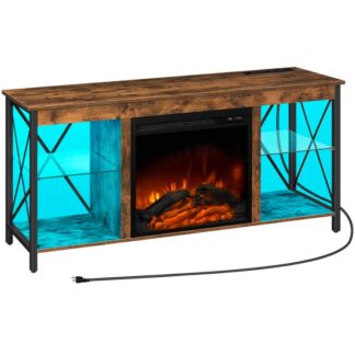 Камін телевізора зі світлодіодними вогнями та розетками живлення, Консольний стіл з дерев’яних медіа -розваг зі скляними поличками, fireplace tv console for tvs up to 55", сільський коричневий