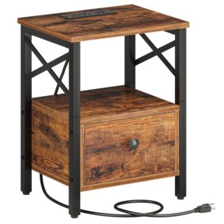 seastán oíche le stáisiún luchtaithe, Tábla deiridh le tarraiceán, calafoirt USB agus asraonta cumhachta, Teach Feirme Feirme Tábla cois leapa do sheomra leapa don seomra leapa, coigilt spáis, donn tuaithe