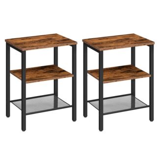 Nachttische-Set 2, 3-Stufe Seitentisch mit einstellbarem Regal, industrieller Endtisch für kleine Raum im Wohnzimmer, Schlafzimmer und Balkon, Stallmetallrahmen, rustikales Braun