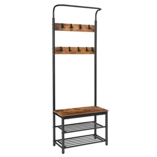 frakke rack sko bænk, Industrial Hall Tree med 3-lags opbevaringshylder og 9 kroge, 3 i 1 design, Indtastningsbænk i stuen Hallway -døren, metalramme, Rustik brun