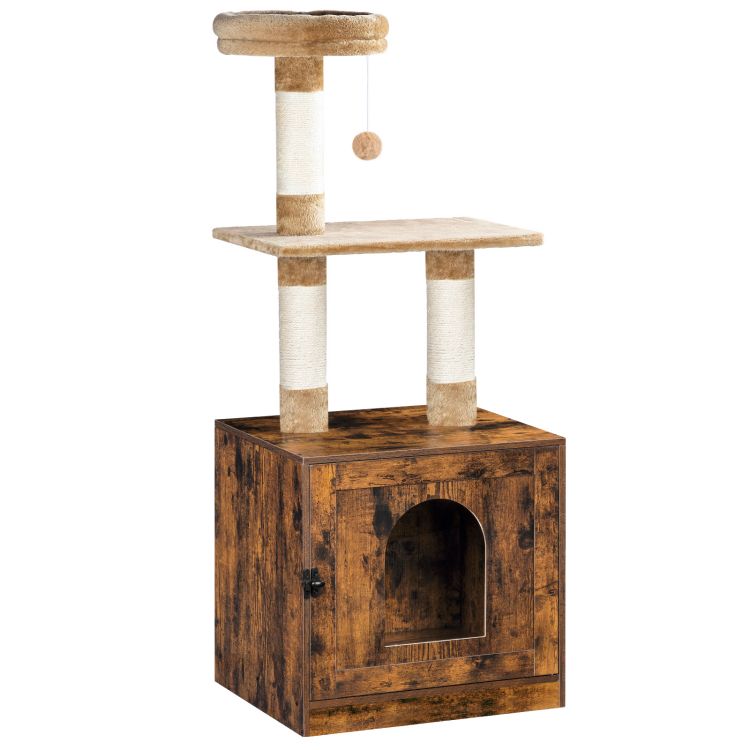 litter box enclosure with cat tree tower, hidden cat washroom with scratching post and soft plush perch, wooden cat furniture, indoor pet cabinet with multiple platforms, rustic brown