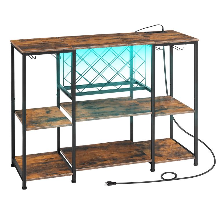 خزانة شريط النبيذ مع إضاءة LED ومنافذ الطاقة, طاولة رف النبيذ للمشروبات والنظارات, خزانة بار مع رف النبيذ, للمطبخ, غرفة العشاء, بني ريفي أسود