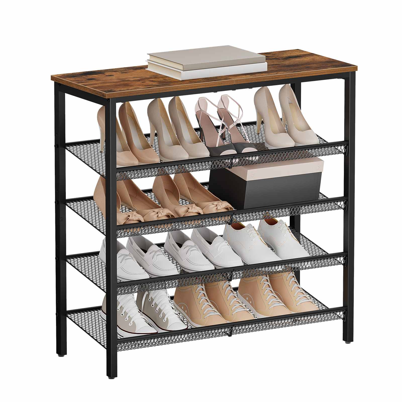 5-Tier Freestanding Shoe Rack, Adjustable Mesh Shelves Shoe Storage Unit, Capacity for 16-20 Pairs of Shoes, Stable and Durable, Spacious Top, Metal Industrial-Style, Suitable for Entryway & Closet, Rustic Brown