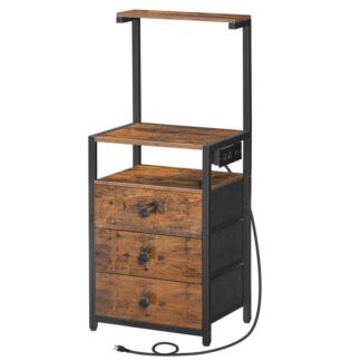Table de nuit avec station de recharge, Table de bout avec 3 Tiroirs et étagères de rangement, Table d'appoint avec ports et prises USB, Table de chevet pour chambre à coucher, Brun rustique et noir