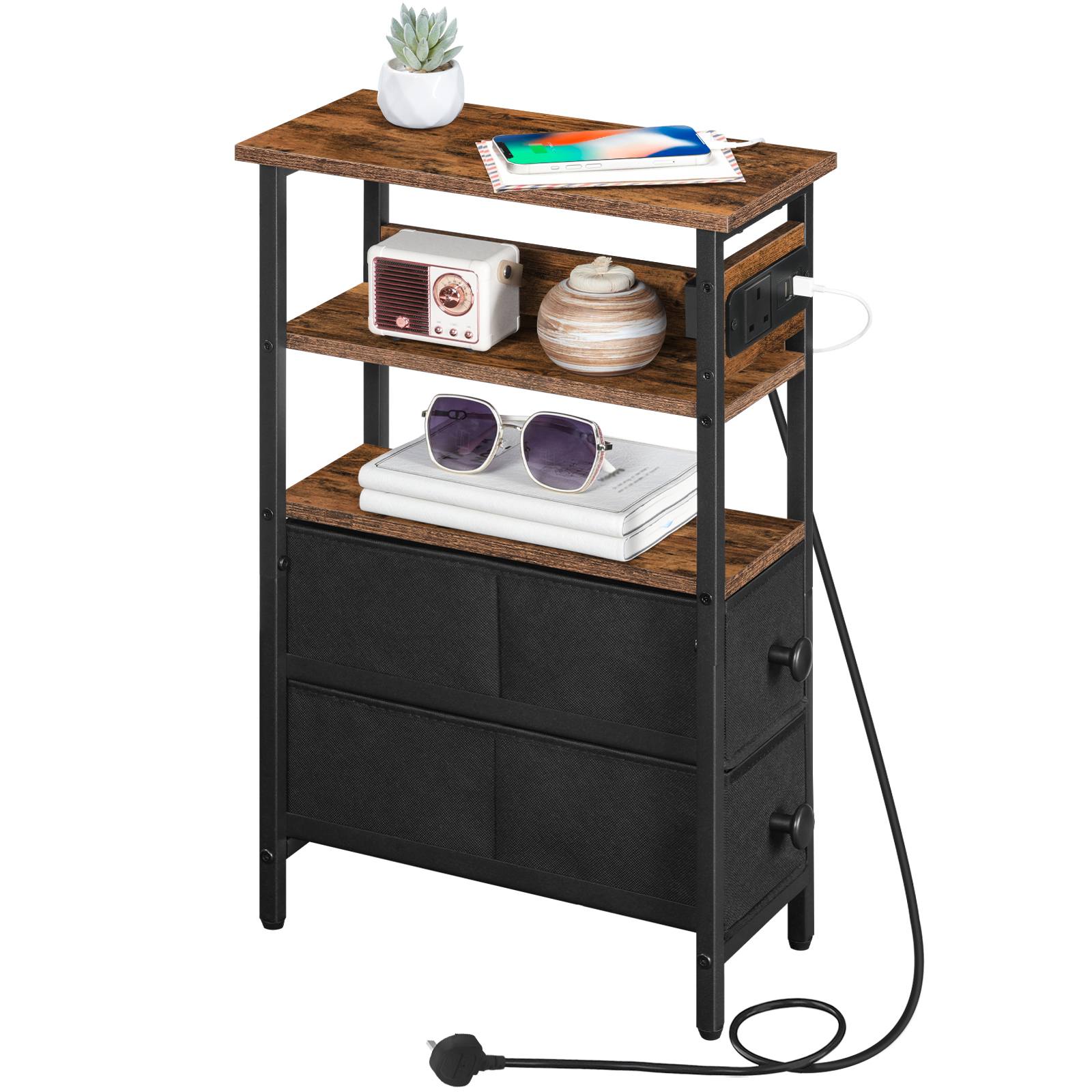 Side Table with Charging Station, Narrow Side Table with 2 Non-Woven Drawers, USB Ports and Power Outlet, 40 x 18 x 60 cm Slim Bedside Table for Small Space, Rustic Brown and Black