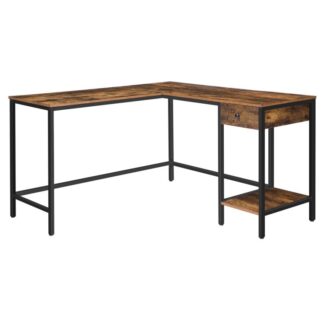 l-shaped computer desk, large industrial corner desk, home office desk with drawer and shelf, study pc workstation, hold 2 monitors, game table, sturdy and stable, rustic brown