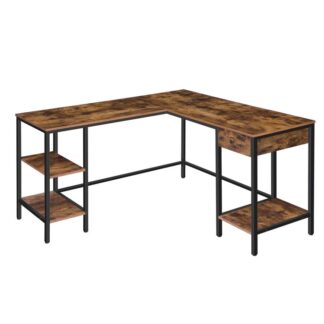computer desk, large industrial corner desk, l-shaped home office desk with drawer and 3 shelves, pc workstation, hold 2 monitors, game table, spacious desktop, rustic brown