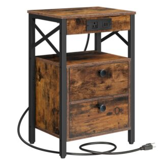 منضدة مع محطة شحن, نهاية الجدول مع 2 الدرج, طاولة جانبية للأريكة مع منفذ USB, مساحة تخزين متعددة المستويات, لغرفة النوم, أقدام قابلة للتعديل, مستقر, ريفي البني والأسود