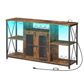 Armoire de bar à vin avec lumières LED et prises de courant, Meuble bar à café pour verres, Buffet Buffet, Armoire à liqueurs pour manger, Salon, Bar, Brun rustique et noir
