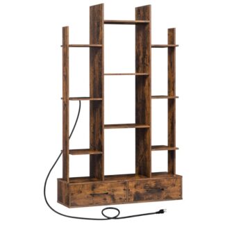 Bookshelf, Bookcase with Charging Station and 2 Drawers Storage, Rustic Tree Shaped Wooden Bookshelves with 12 Storage Shelves, for Bedroom, Home Office, Living Room