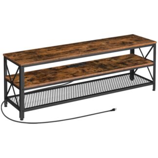 телевізор піднімається на телевізори до 65 дюйм з розетками живлення, Консоль промислового розважального центру з відкритим сховищем, 3-ТВ -консольний стіл для вітальні, спальня, 55 дюйм, сільський коричневий