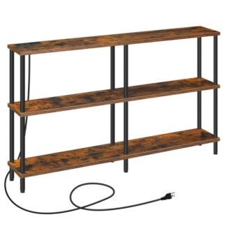3-Tier Narrow Console Table with Charging Station, Entryway Table with 2 Power Outlets and 2 USB Ports, Skinny Sofa Hallway Table, for Living Room, Rustic Brown and Black