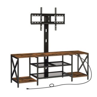 tv stand with mount and power outlet 55.1", entertainment center with swivel tv mount for tvs up to 65", телевізор кріплення з полками для зберігання для вітальні, спальня, сільський коричневий