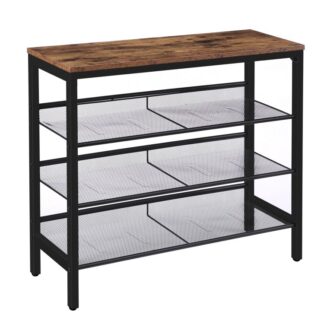 shoe rack for closet floor, industrial 4-tier shoe shelf, storage organizer unit with 3 mesh shelves, wood look accent furniture with metal frame, for entryway, living room, hallway