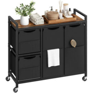 Laundry Sorter with 4 Section, Rustic Brown and Black Laundry Hamper with Wheels, Rolling Laundry Basket with Shelf, Pull-Out Detachable Bags, Side Pockets