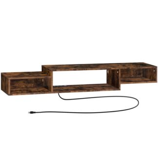 Плаваюча телевізійна підставка, 59" Плаваюча телевізійна полиця з розеткою, настінна консоль медіа з зберіганням для розважального центру спальні для вітальні, сільський коричневий