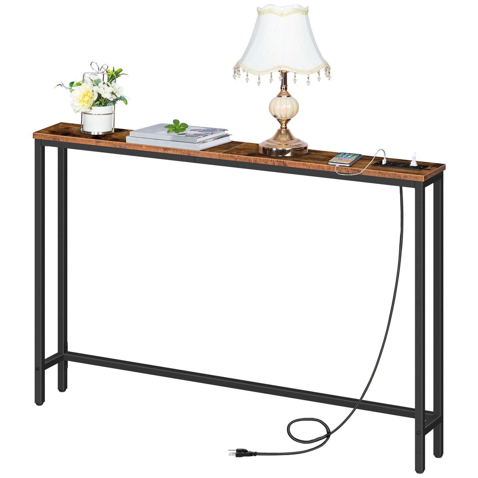 Narrow Console Table with Integrated Charging Station, 2 Prises CA & 2 Ports USB, Space-Saving Sofa Back Table for Entryway, Couloir & Foyer, Rustic Brown Finish