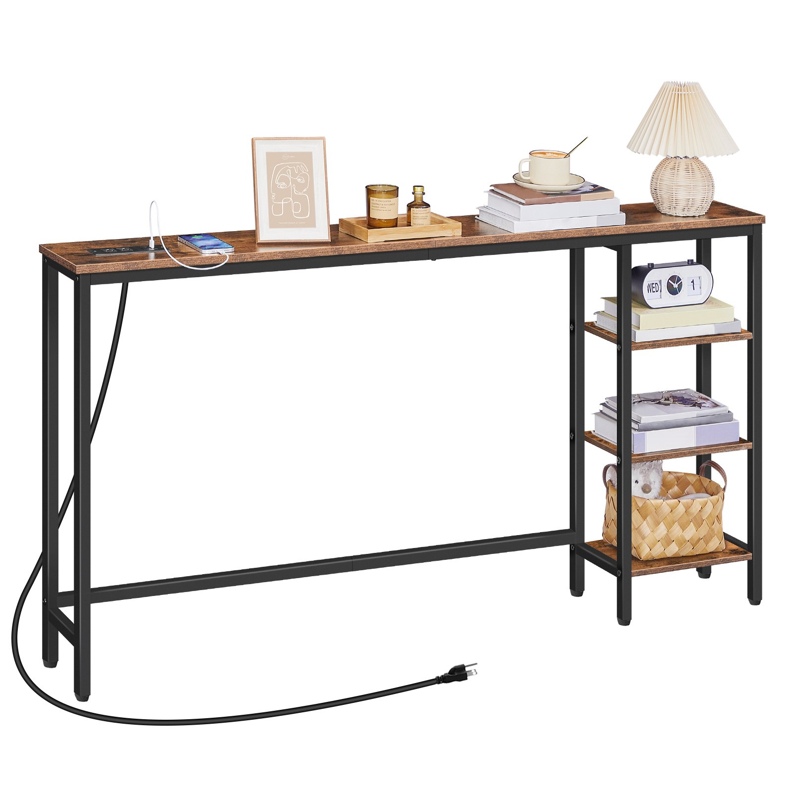 63-Tuumainen konsolipöytä integroidulla virtamoduulilla, Monitoiminen sohvapöytä säädettävillä sivuhyllyillä, Säilytyspöytä kotitoimistoon & Käytävä, Maalaismainen ruskea & Musta viimeistely